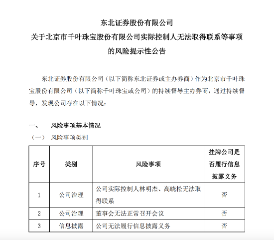 千叶珠宝被曝拖欠员工薪资	、管理层失联，主办券商：无法与公司实控人取得联系